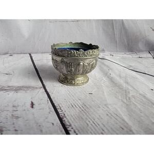 Japanese Repousse Cobalt Blue Glass Salt Dip Cellar Silver Plate Outer Dish